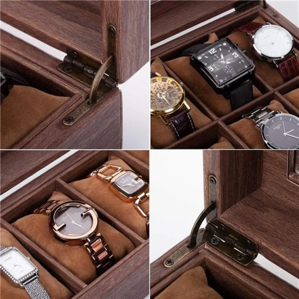 6 Slot PU Leather Watch Box Organizer Watch Case with Glass Top Luxury Watch Box